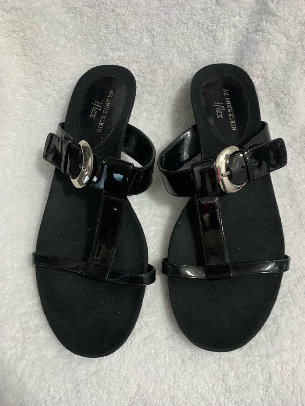 Anne Klein Black Patent Buckle T-Strap Sandals